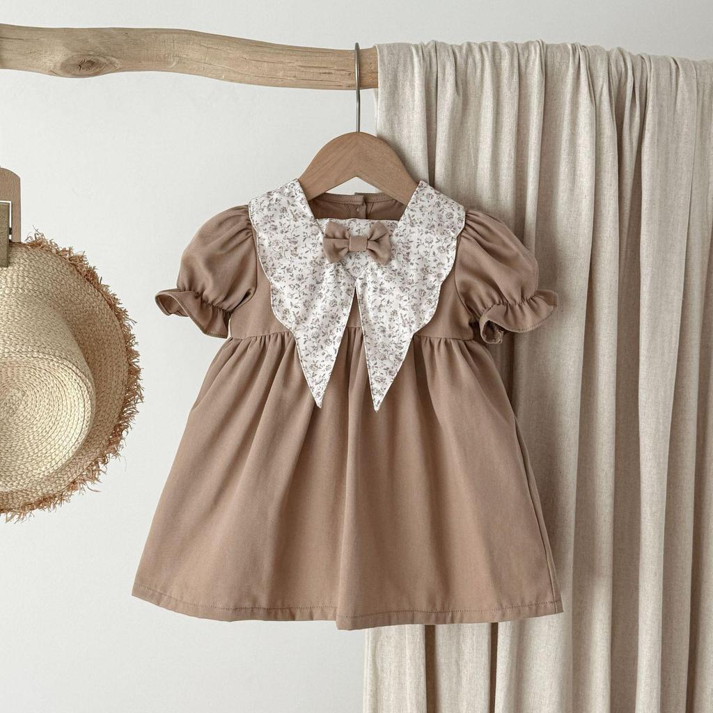 Dziewczęca Sukienka Letnia w Stylu Retro dla Malucha z Kołnierzykiem Piotrusia Pana i Krótkim Rękawem