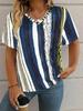 T-shirt Women's Summer Leisure Elegant V-neck Short Sleeve Art Stripe Pattern Top Loose Casual Wear Ladies T-shirt