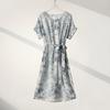 Women's Mulberry Silk Printed Short Sleeve Tie-Waist Dress