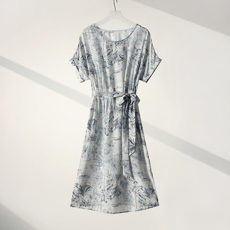Women's Mulberry Silk Printed Short Sleeve Tie-Waist Dress