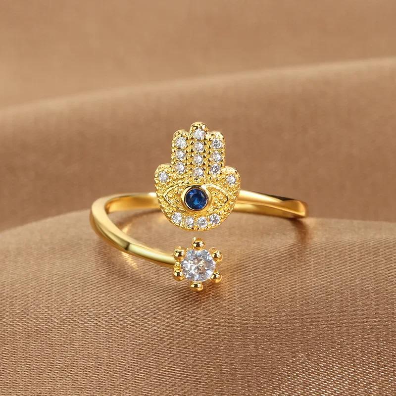 Yiluocd Bagues Réglables Main de Hamsa Bague Œil Maléfique en Zircone Turque Pour Femmes Main de Fatima Amulette Porte-Bonheur Bijoux Protection Cadeau