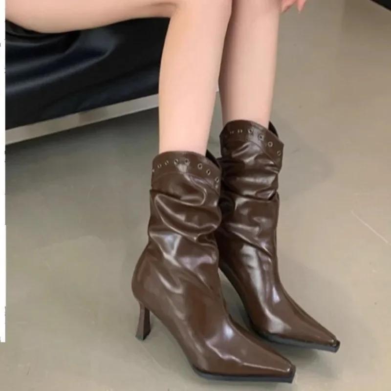 New Style Women's Boots Autumn Pointe Shoes Rivets Winter Footwear Boots-Women Pointy Leather High Heel Ankle Rubber Cowboy Boot
