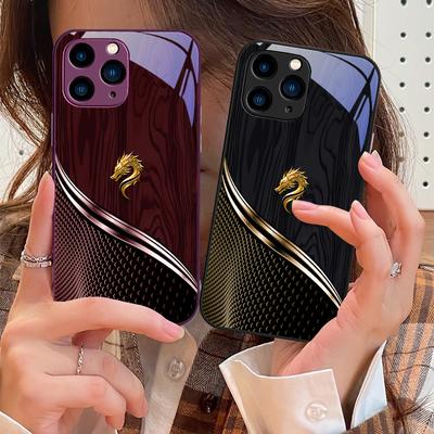 Grão de Madeira Dragão Rosa Roxo Para IPhone 15 Pro 14 13 12 Mini 11 XS Max XR 7 8 Plu SE 2020 2022 Capa de Telefone de Vidro Temperado