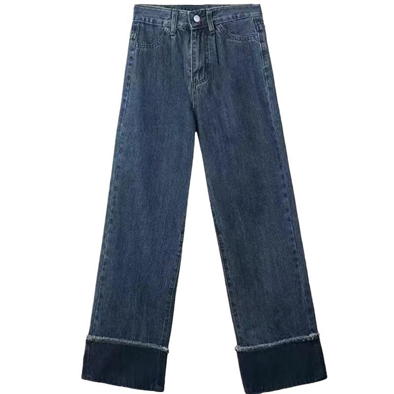 High-Waisted Retro Stitching Jeans for Women - 2023 Autumn/Winter Pear-Shaped Fit, Loose Slim Straight Leg Design