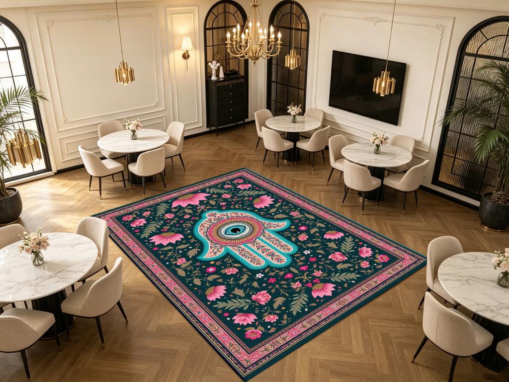 Hamsa Hand Evil Eye Floral Carpet Flooring Boho Oriental Vintage Framed Art Printed Square Floor Rug for Household Space Decorat