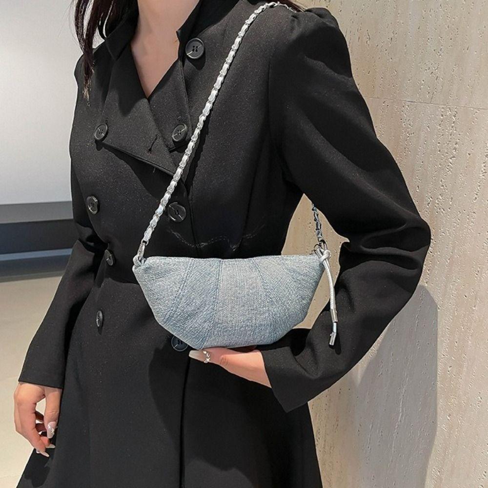 Chain Denim Dumpling Bag Half Moon Nylon Shoulder Bag Elegant Croissant Pack Satchel  Travel