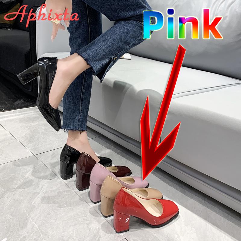 Fashion Aphixta 7.5cm Square Tou Patent Leather Shoes Women Pumps Thick Heels Sapato Feminino Work Party Shoes Super Big Plus Size 50