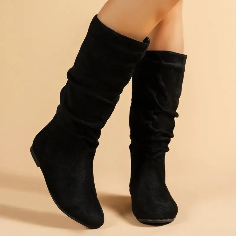 

Мода 2024 года, распродажа обуви, женские ботинки с боковой молнией, женские зимние ботинки с круглым носком, средней высоты, на низком каблуке, большие размеры, Zapatos De Mujer 42 чёрный