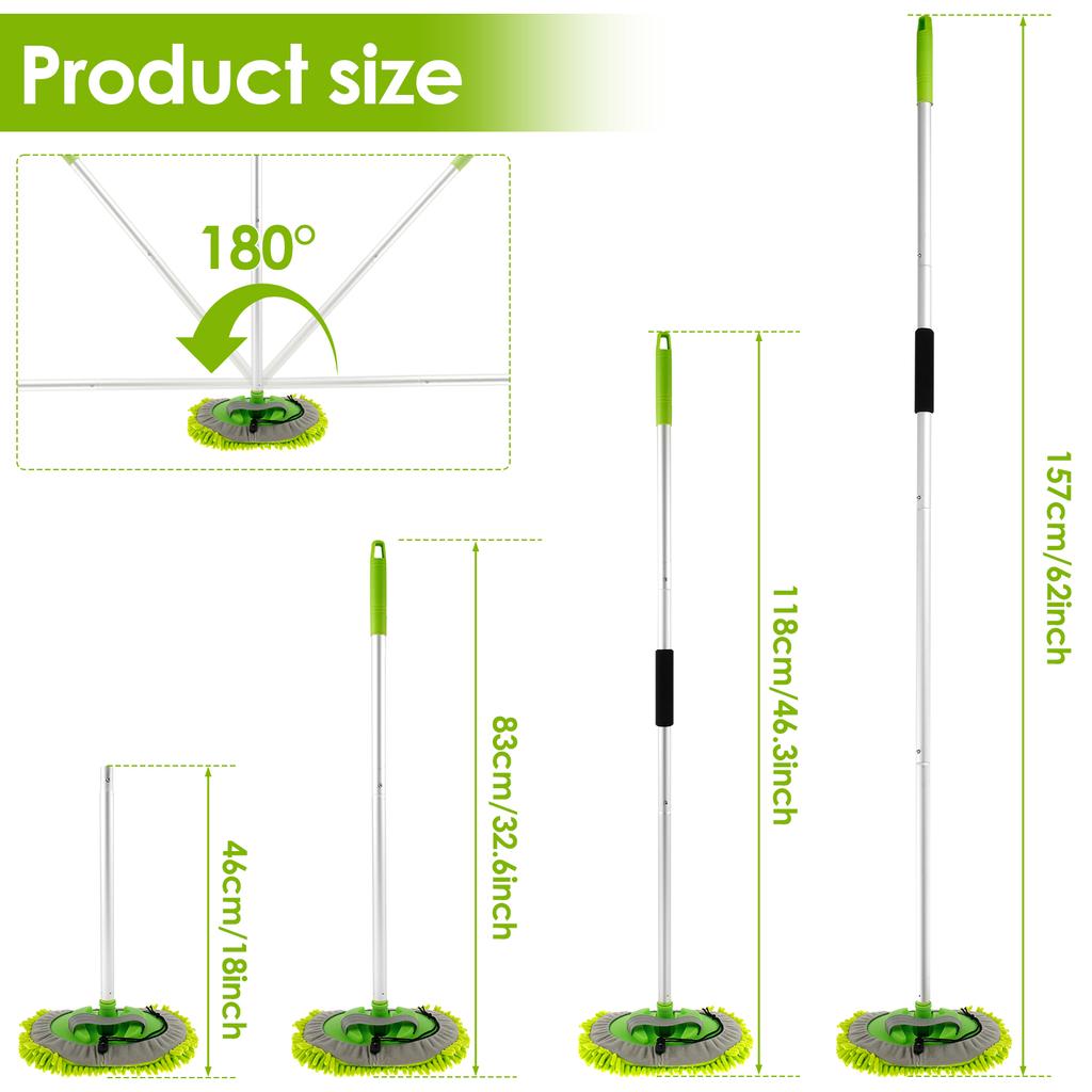 2Pcs 62" Car Cleaning Brush Mop Kit 180° Rotating Adjustable Scratch-Free Microfibre Car Wash Mop with Replaceable Sponge Head