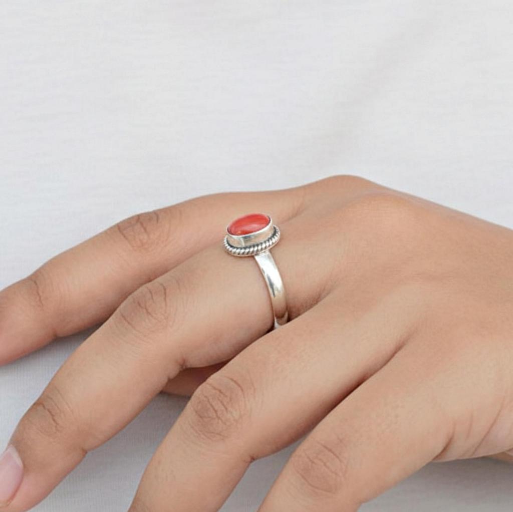 Red Coral Oval Statement Ring, 925 Sterling Silver Ring, Minimalist Handmade Boho Coral Jewelry