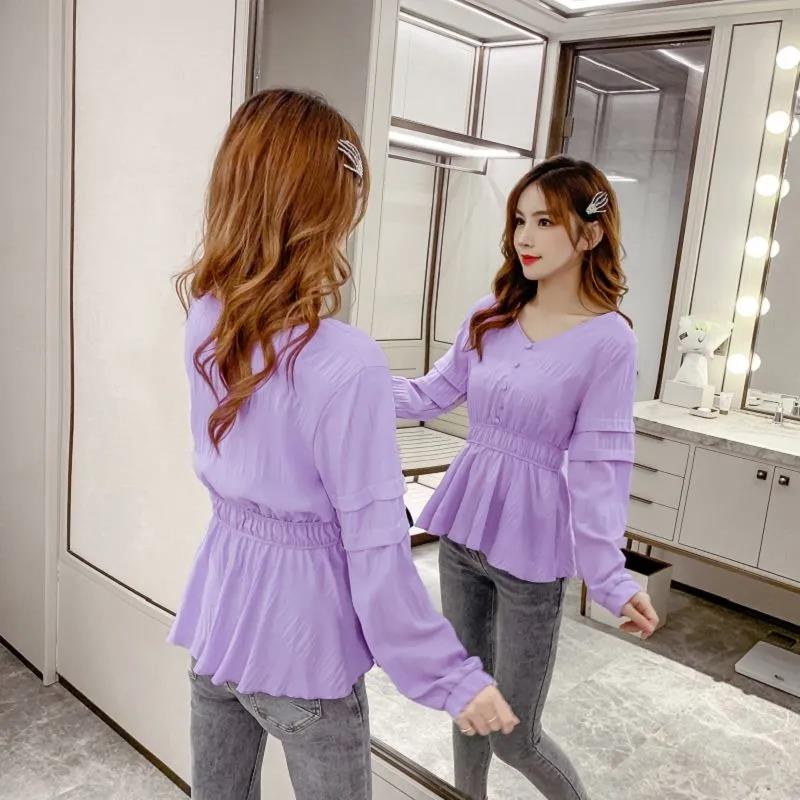 Nipped Waist Ruffled Uzun Kollu Şifon Gömlek Kadın Şifon Bluz Düz Pileli Kloş Kollu Üst Kadın