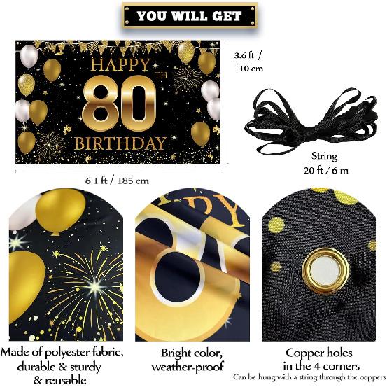 80th Birthday Party Decorations Backdrop Banner, Happy 80th Birthday Decorations for Men Women, 80 Years Old Birthday Photo Booth Props Black Gold,