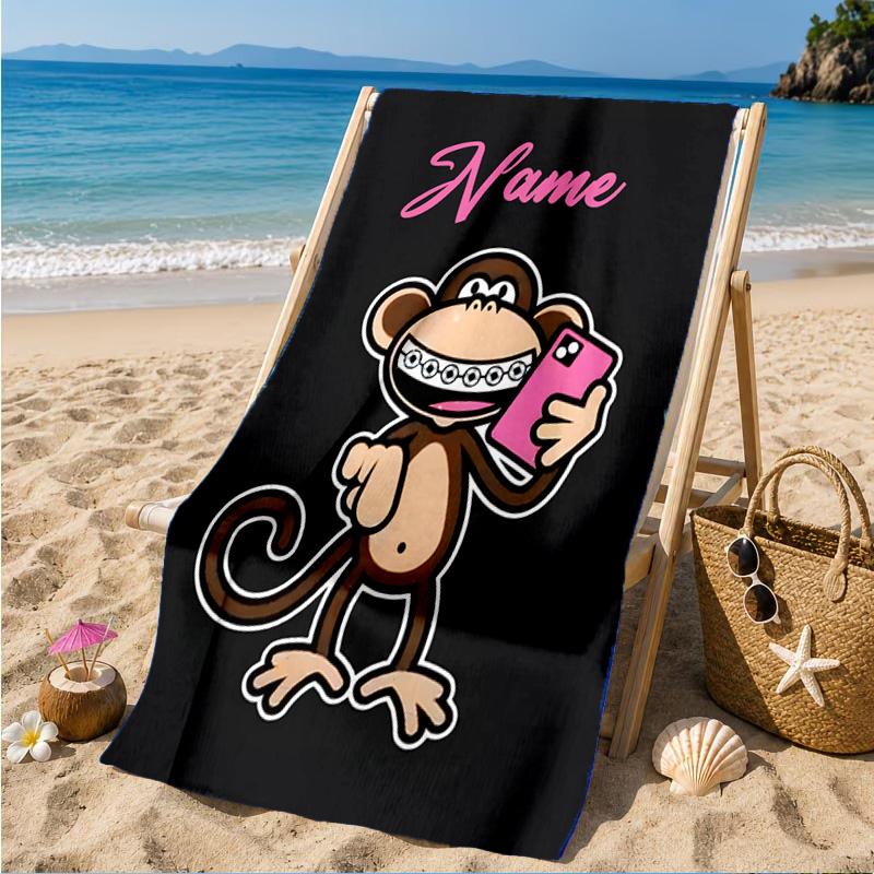Custom Name Monkey Art Bobby Heart In Space Adventure Microfiber Beach Towel, Lightweight for Summer Travel, Swimming Pool Fan Gift