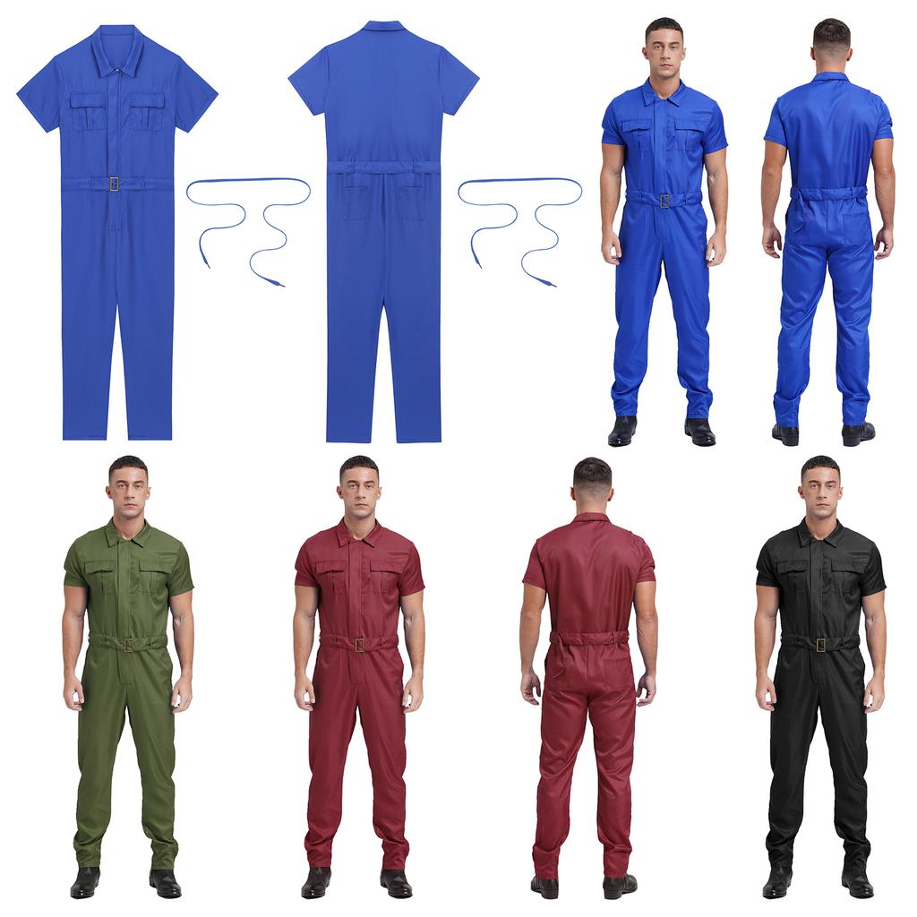 Mens Durable Coveralls Short Sleeve Zipper Front Multi-Pocket Workwear Overalls