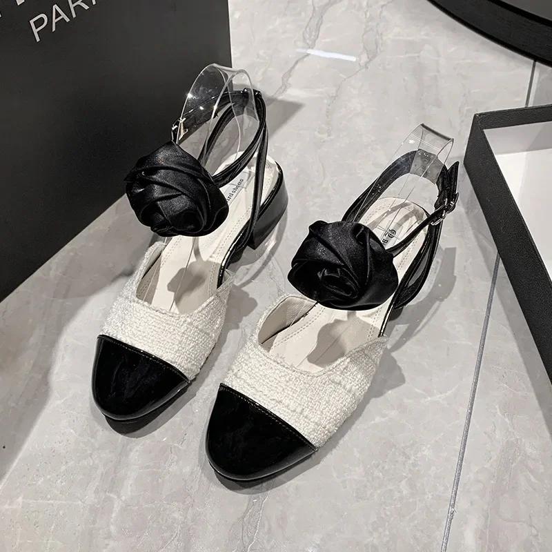 Fashion 2024 Spring and Summer fashion New Baotou Sandals Women's Color blocked Light Mouth Flower Hollow Single Shoes