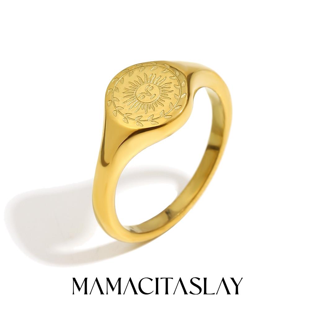 MamacitaSlay Waterproof 316L Stainless Steel Creative Engraving Moon Star Godness Design Signet Ring Gold Plated Rings For Woman