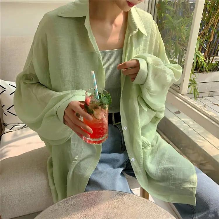 White Transparent Chiffon Blouse Chic Women Summer Oversize Puff Long Sleeve Shirt Korean Style Cardigan Basic Sheer Top