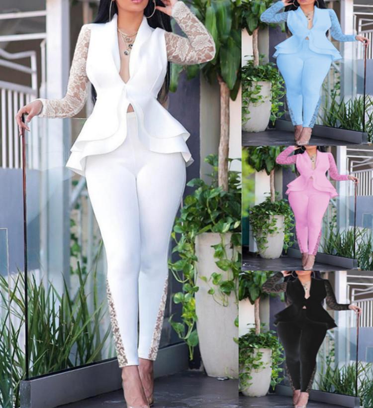 Women's Long Floral Lace Sleeve Peplum Blazer & Lace Trim Skinny Pants 2 Piece Solid Air Layer Elegant Office Pant Suit Set