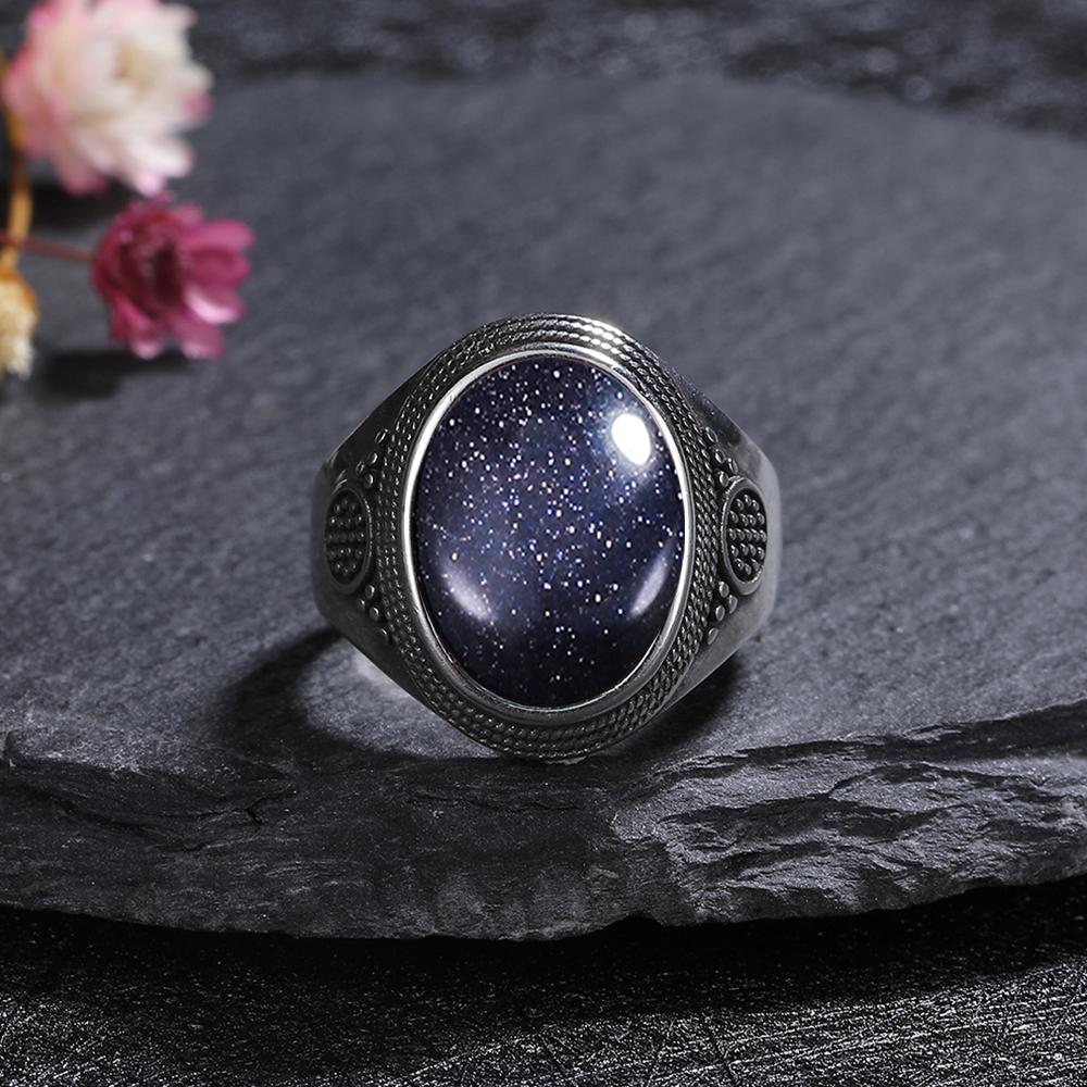 Silver Rings Large Natural 10x14MM Black Agate Ring for Women Men Silver Party Jewelry Tiger Eye Turquoise Lapis