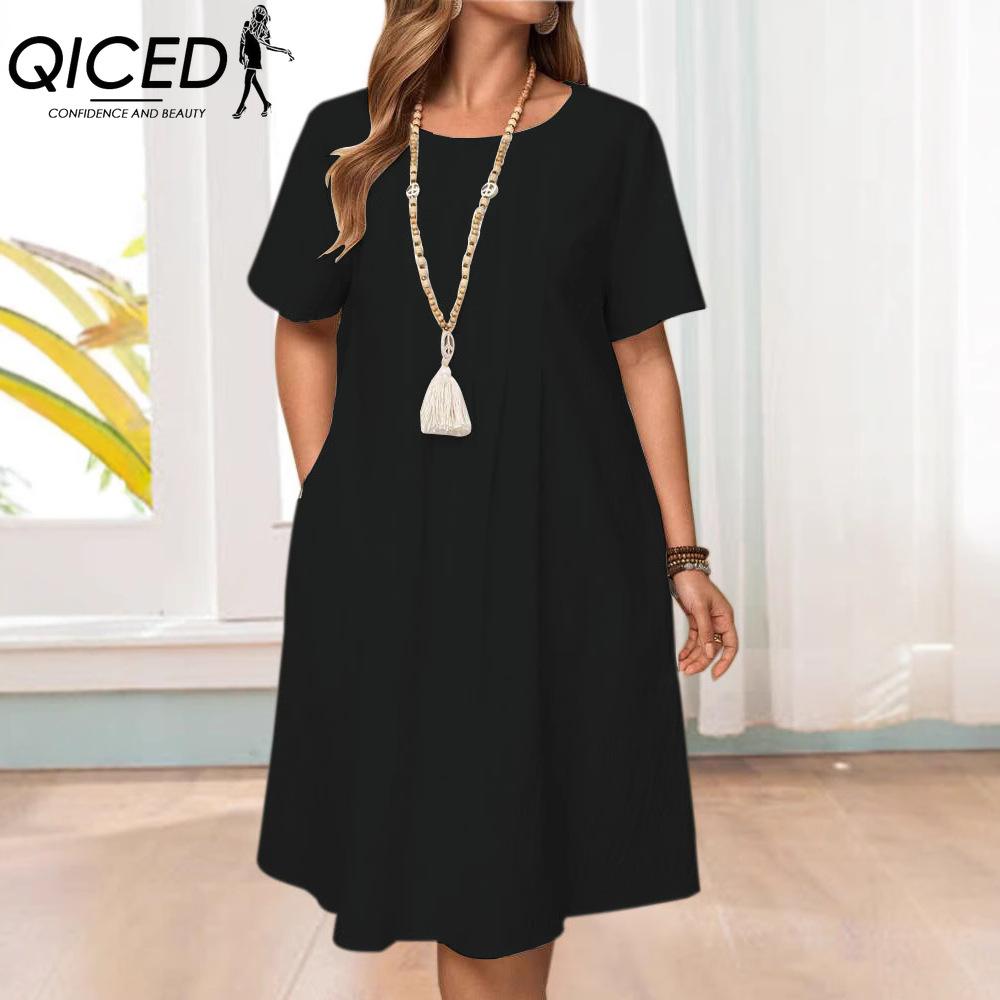 QICED Женская мода лето весна однотонный принт О-образный вырез высокая талия повседневные платья