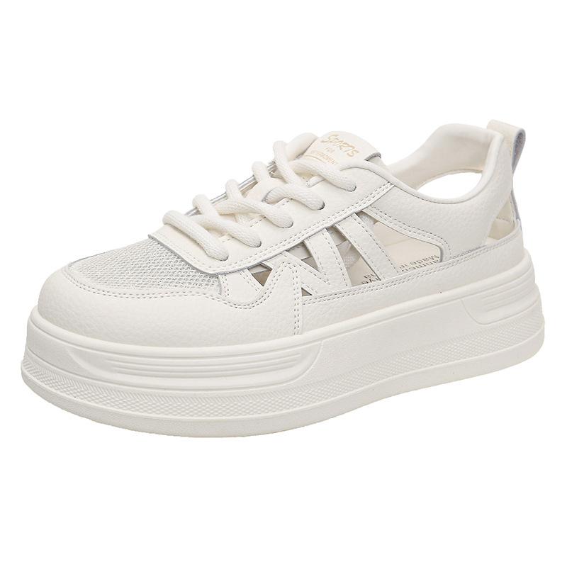 Letnie Siateczkowe Oddychające Białe Sneakersy z Prawdziwej Skóry Damskie Buty na Grubej Podeszwie Buty Sportowe Perforowane Sandały Sportowe