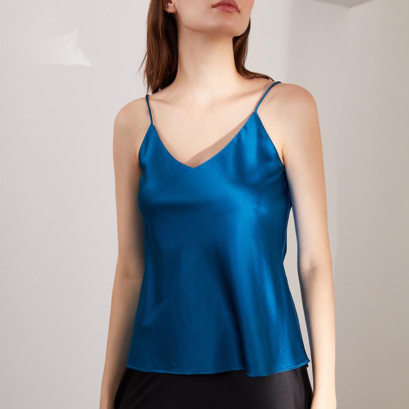 Women’s Summer Butterfly Embroidery Silk Camisole – Mulberry Stretch Satin, Candy Color Macaron, 12 Colors, Stylish Back Design.