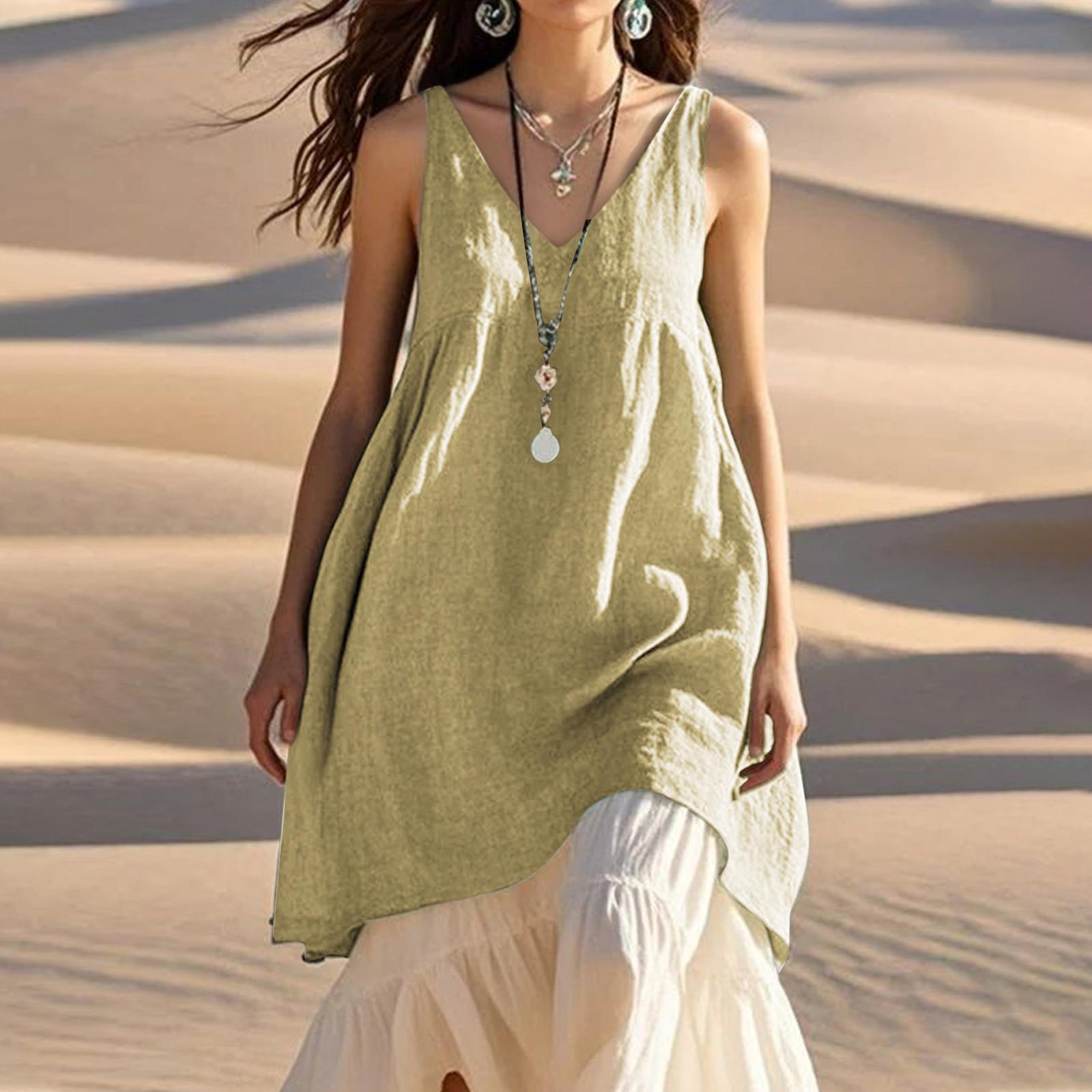 

Женские повседневные свободные модные безрукавные хлопковые льняные однотонные пляжные платья с V-образным вырезом XXL хаки