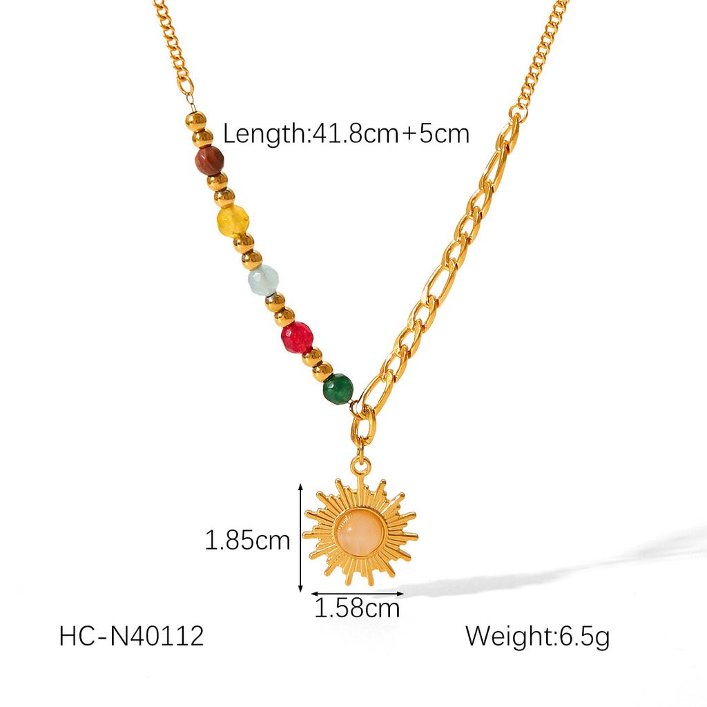 Natural Stone Beaded Titanium Steel Necklace with Sun and Star Pendant Women's Fashion Jewelry