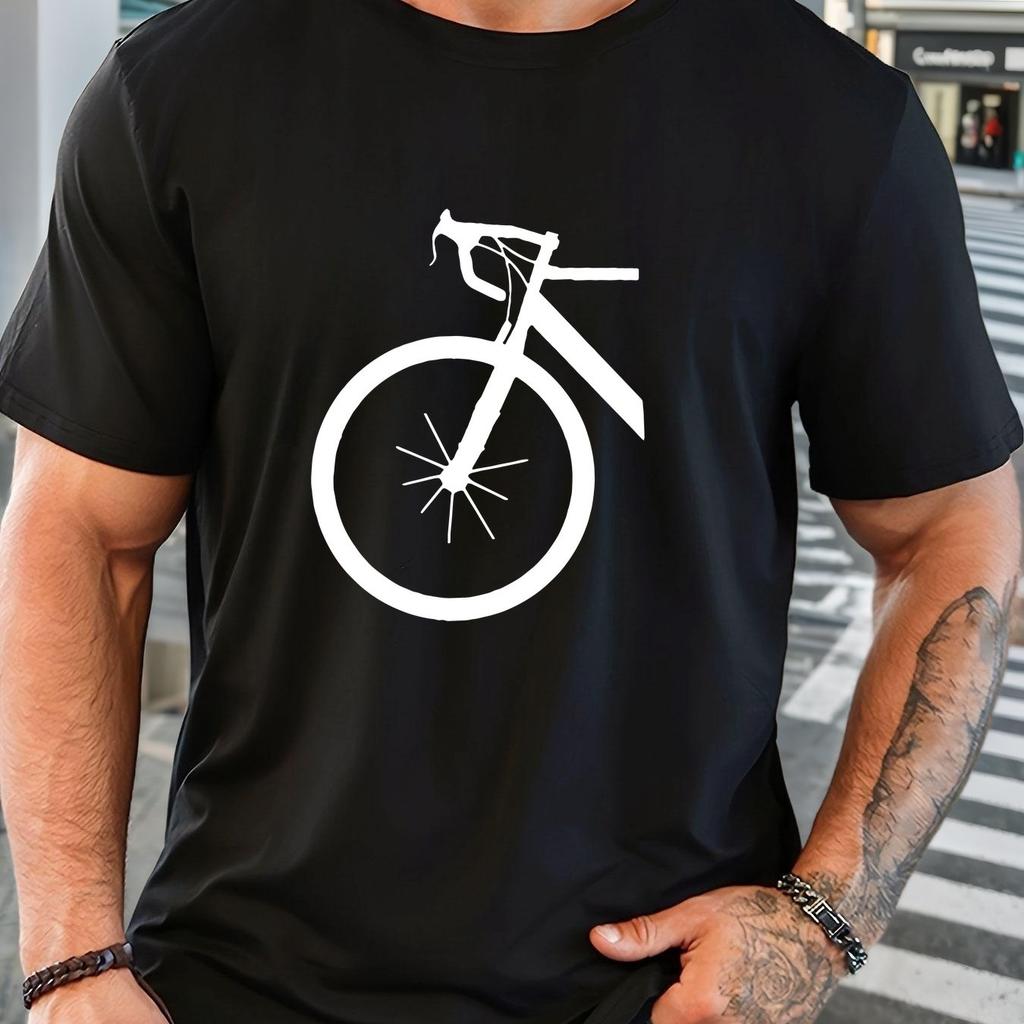 Men's Green Graphic T-Shirt Breathable Enthusiast Apparel with White Bicycle Print Round Neck Short Sleeve