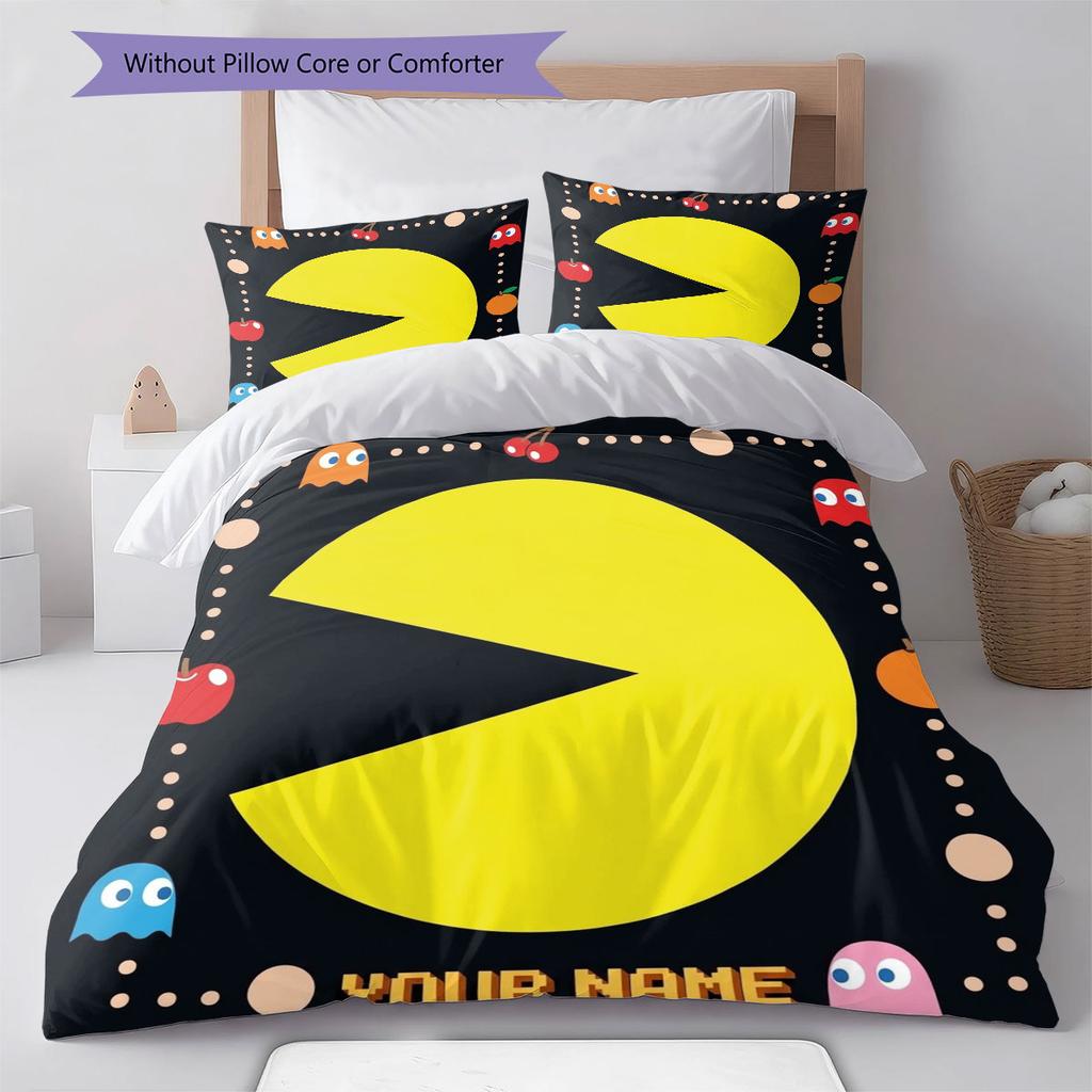 Pac-Man Custom Name Pattern Bedding,Quilt Set Quilt Cover Pillowcase Home Birthday Gift(1 * Duvet Cover + 2 * Pillowcase, Without Core)