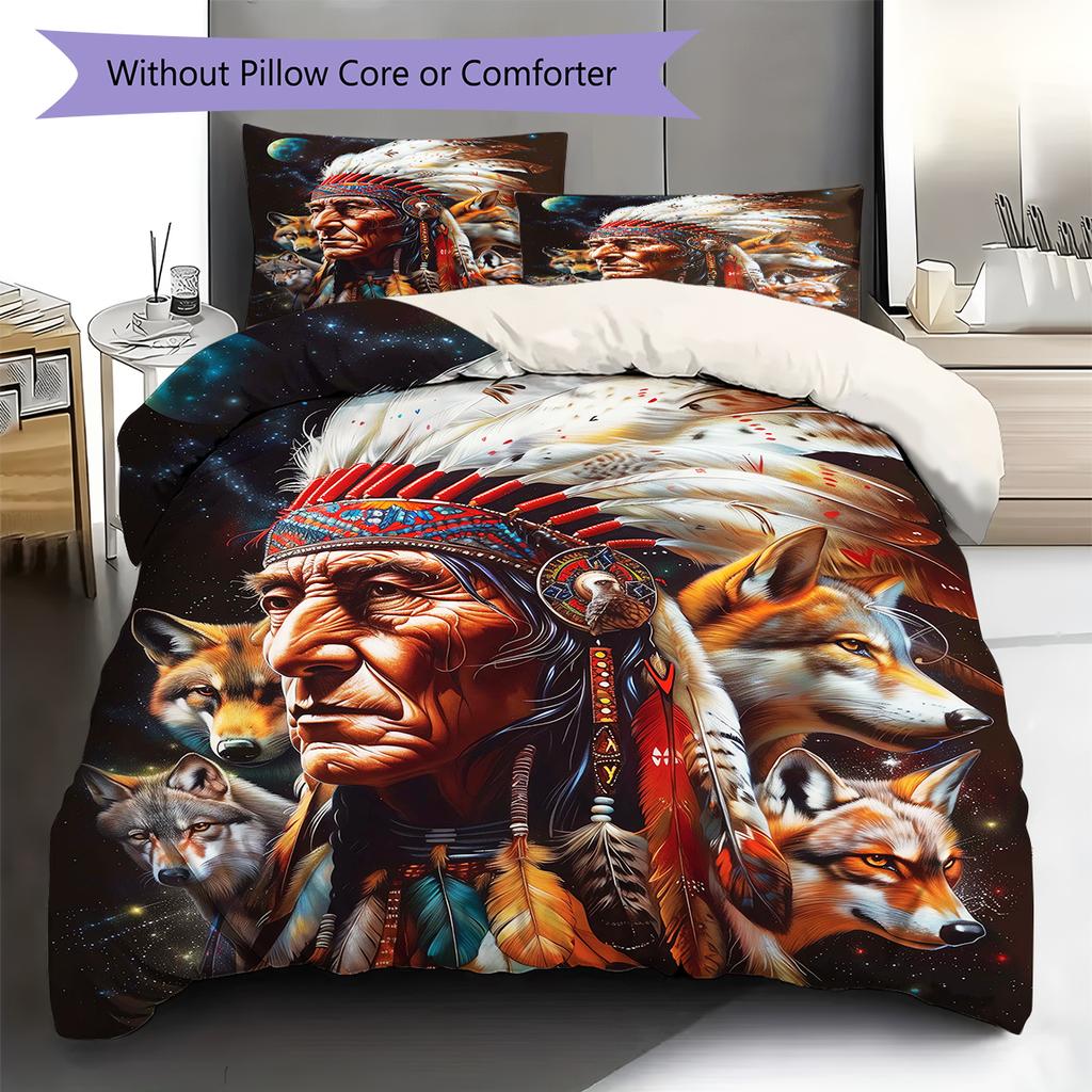 Indian Chief Wolf Bear Pattern Bedding Quilt Set Quilt Cover Pillowcase Home Decoration Birthday Gift (1 * duvet cover + 2 * pillowcase, without core)