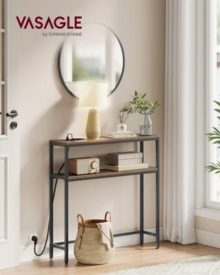 Tavolino da Console, Tavolino Stretto da Divano con 2 Ripiani, 20 x 80 x 80 cm, Tavolino da Ingresso con Stazione di Ricarica, per Soggiorno, Corridoio, Ingresso