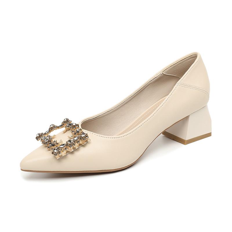 Pointed Single Shoes Women's Summer Models, Shallow Mouth Thick Heels, Fairy Gentle Temperament, Celebrity Soft Leather Large Size