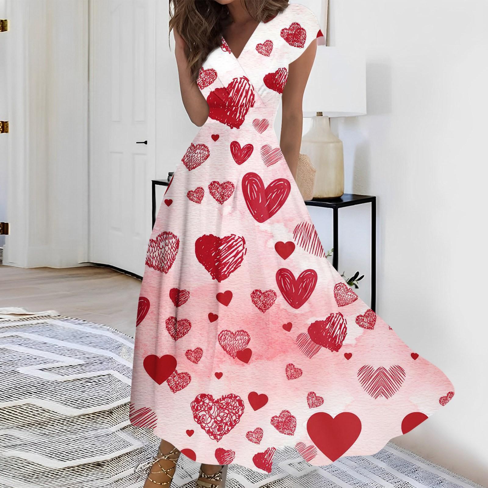 

Женское длинное повседневное платье весна-лето с коротким рукавом V-образным вырезом и заниженной талией с принтом M красный