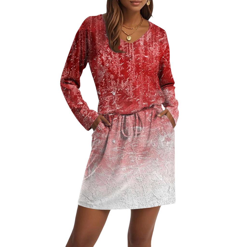 Women's Fashionable V-neck Long Sleeved Drawstring With Pocket Halloween Printed Casual Dress