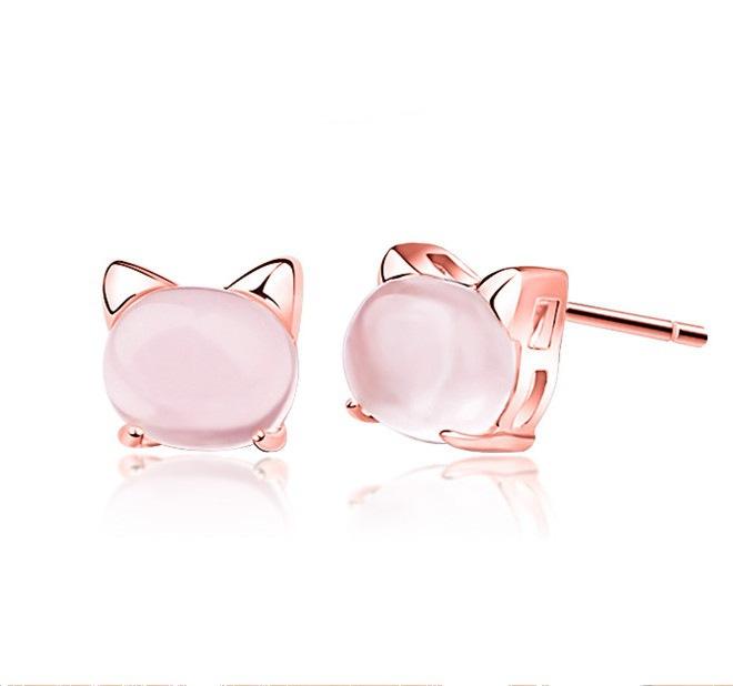 

2026 Korean Version of Sweet and Cute Girl Pink Crystal Cat Stud Earrings Female Natural Cat s Eye Stone Cute Cat Stud Earrings Jewelry