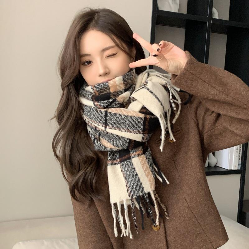 

Plaid scarf contrasting colors girls versatile thickened warm long shawl dual-purpose couple scarf бежевий
