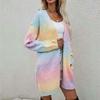 Europæisk & Amerikansk Dame Regnbue Strikket Cardigan - Mellemlang Sweater til Efterår/Vinter