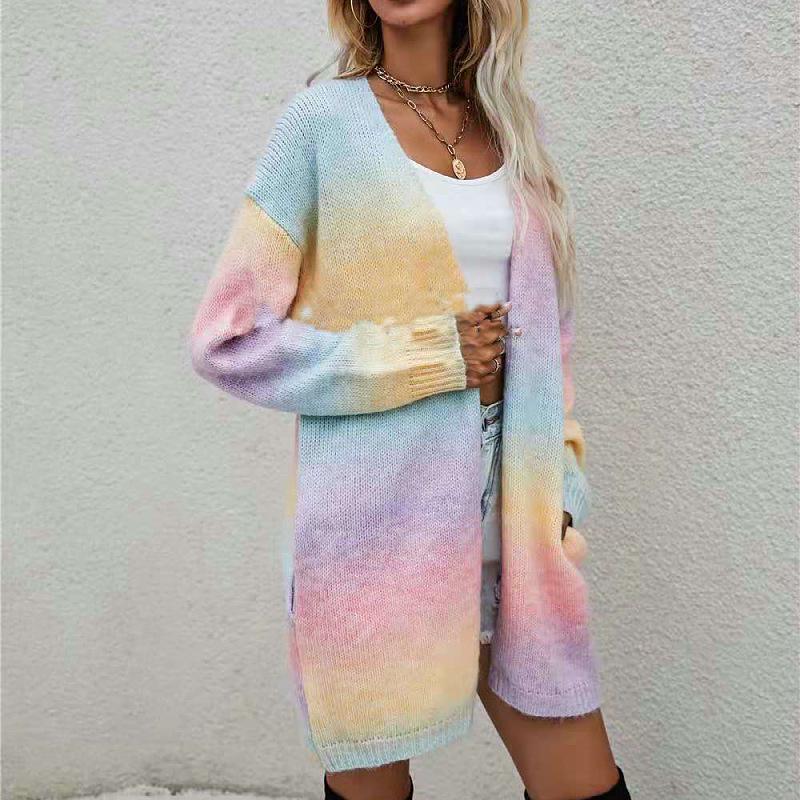 Europæisk & Amerikansk Dame Regnbue Strikket Cardigan - Mellemlang Sweater til Efterår/Vinter