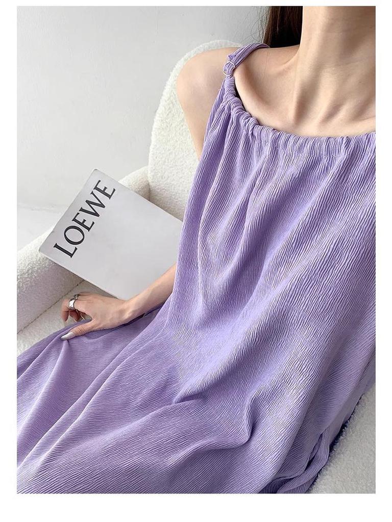 Petite French Purple Sling Dress for Women - 2025 Summer Loose Fit, Slimming, Temperament Style for Seaside Vacation.