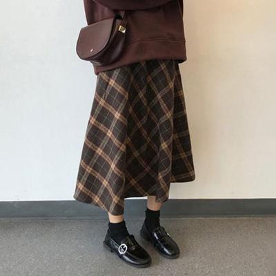 Saia Midi Feminina Cintura Alta A-Line Saia Lã Estampa Xadrez Emagrecedora Comprimento Médio Diária Casa Streetwear