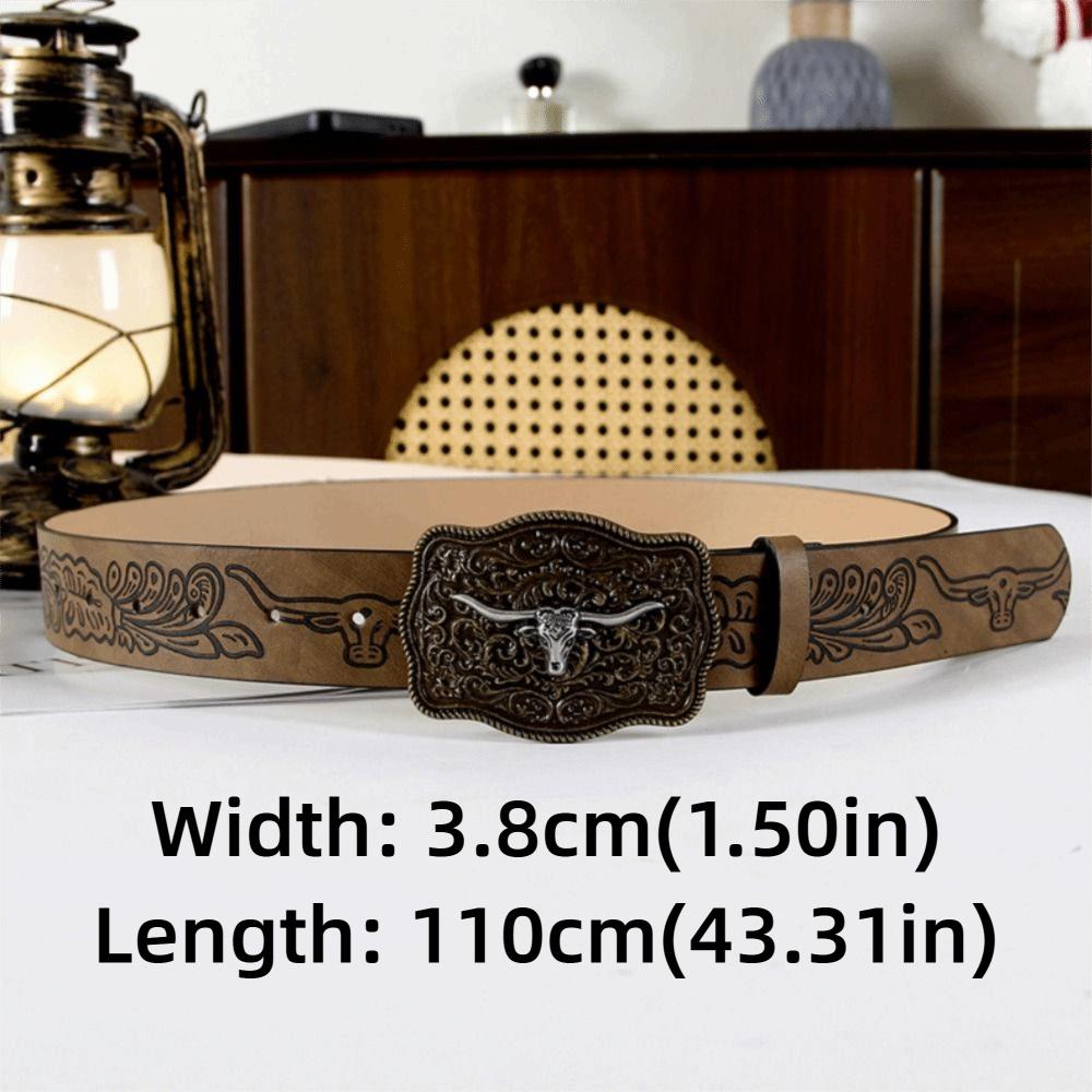 Cow Head Buckle Western Cowboy Belt Retro Waistband Fashion Embossed Belt  For Man Women