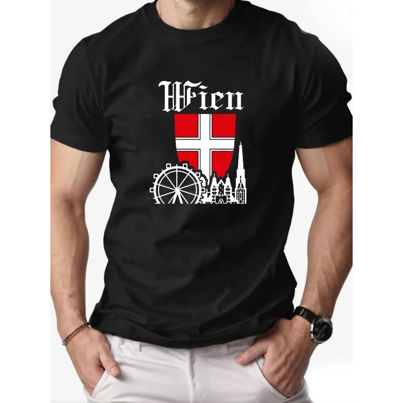 Men S Vienna Pattern Summer Casual Crew Neck Short T-Shirt S чёрный