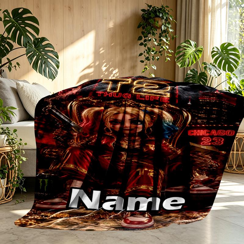 Custom Name Personalized Harley Quinn Joker Print Blanket, Home Decor, Bedroom, Sofa, Camping, Couch, Gifts for Birthday Christmas
