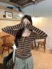 Women's Slim Fit Coffee Striped Cotton-Cashmere Long-Sleeve T-Shirt for Autumn/Winter