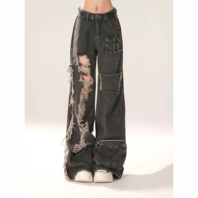 Jean déchiré taille haute pour femme, pantalon en denim ample, style hip-hop, mode vintage, streetwear, Y2K, jambe large