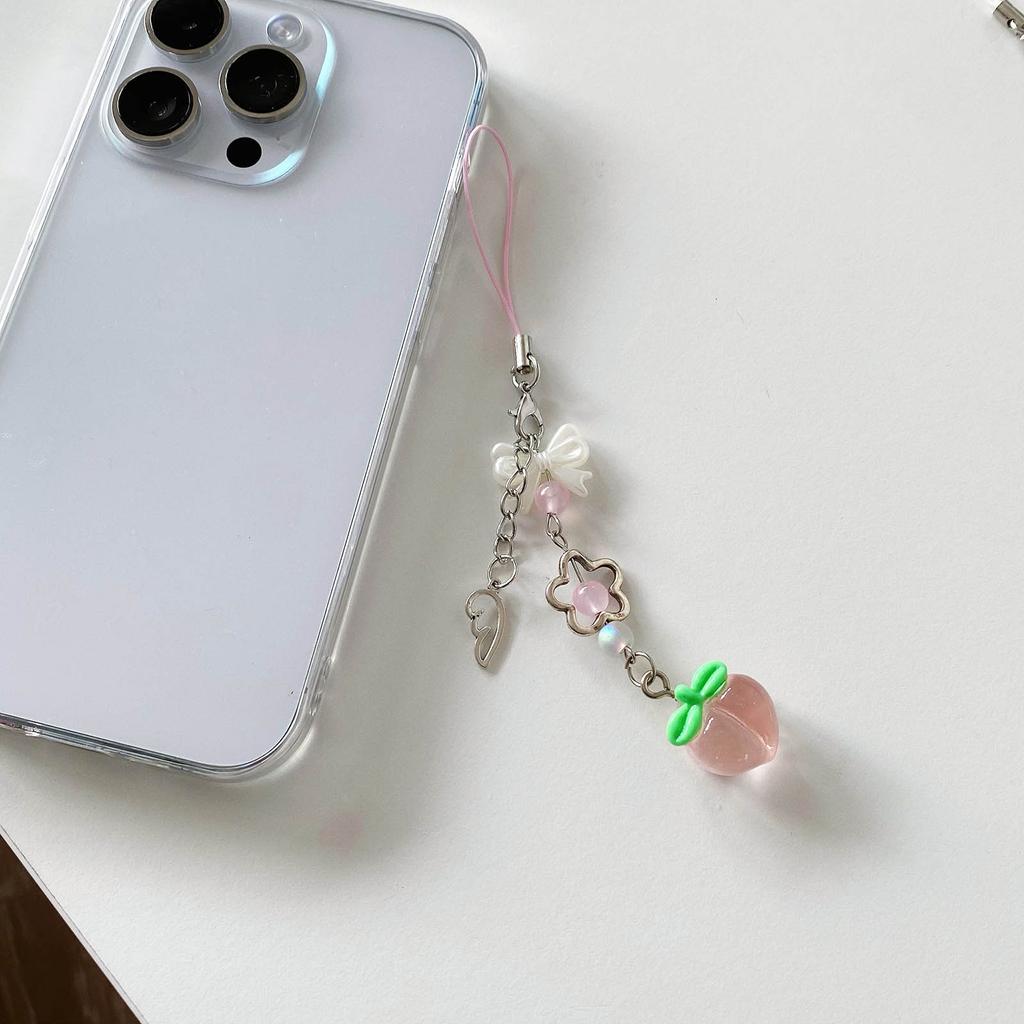 Cute Peach Phone Charm Stylish Keychain Pendant Bowknot Flower Beaded Keyring Personalized Accessory for Women and Girls