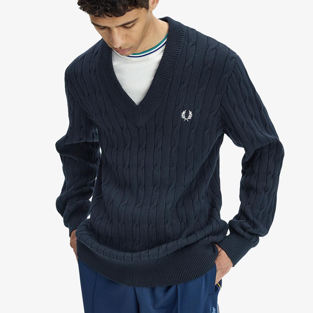 Fred Perry [Sport] Cable Knit V-Neck Sweater - Navy Afpm2612321-608