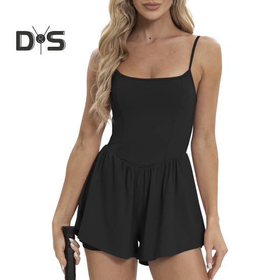 Women's Sleeveless Tennis Dress Summer Pleated Yoga Workout Mini Dresses with Built-in Shorts Spaghetti Strap Athletic Romper Short Sundress