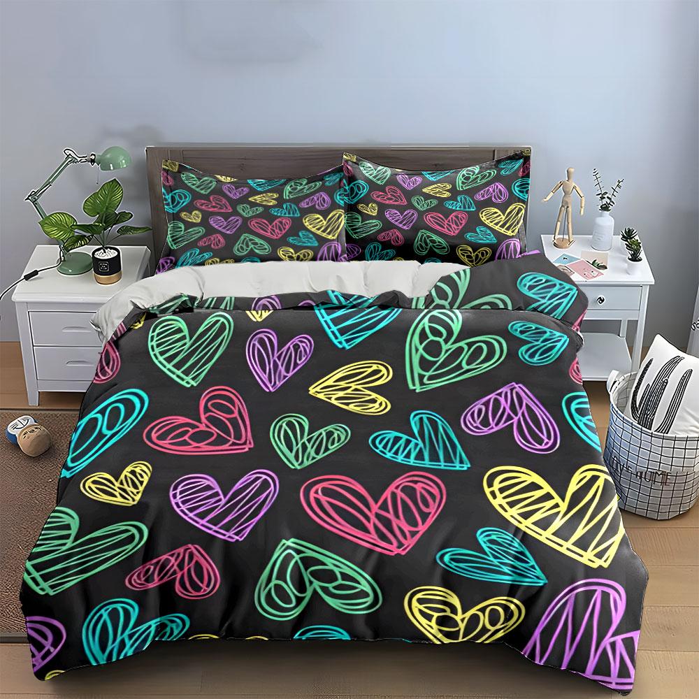 Colorful Hearts Pattern Set – Romantic Gift  Kid'S And Adults' Bedroom Decor, Exquisite Three-Piece Bedding Set Gift